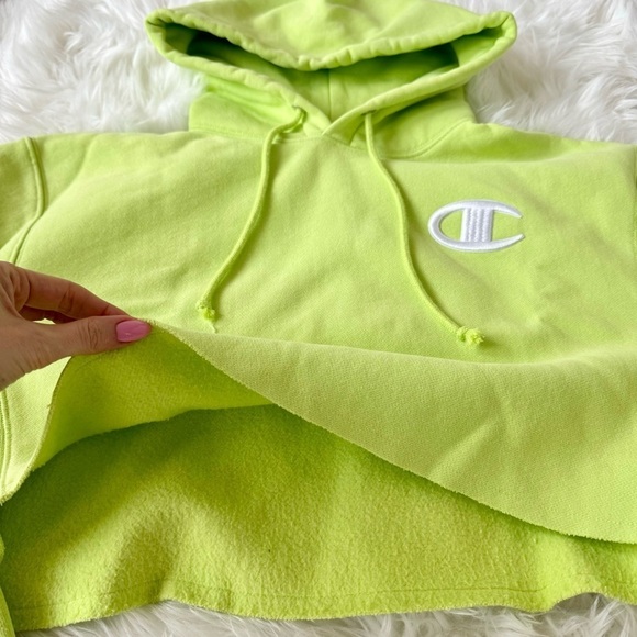 Champion Lime Neon Green Reverse Weave Cropped fleece Hoodie Heavyweight Small - Picture 10 of 16